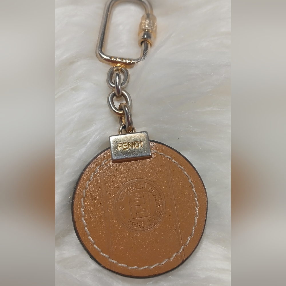 Vintage Fendi Zucca Brown Leather Charm Keyring with Gold Accents
